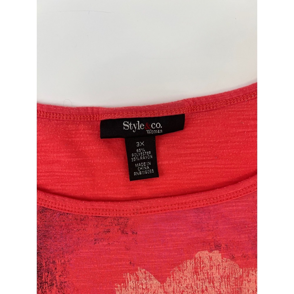 Style & Co Woman Plus Size 3X Coral Pink Floral Graphic Cinched Side Top Tee - Picture 2 of 10